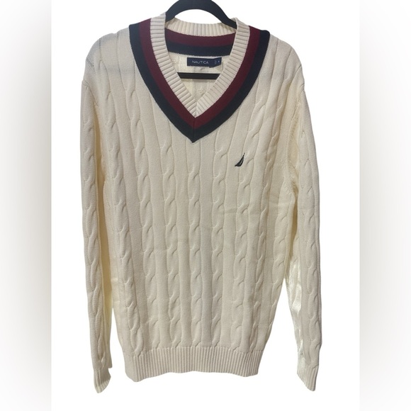 Nautica Cream and Red V-Neck Sweater with Ribbed Trim NWOT - Picture 1 of 4